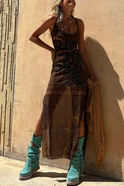 LM | Gypsy Style Unique Print Cowl Neck Back Lace Up Slit Midi Dress
