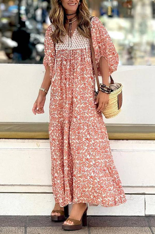 LM | Boheme Lifestyle Printed maxi dress with loose puff sleeves