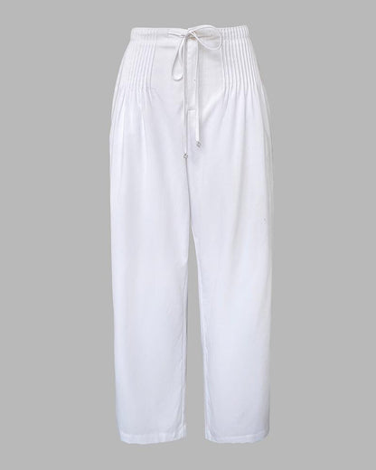 LM | Cozy White Plain Elastic Waistband Pants