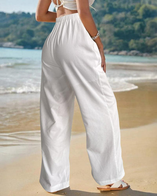 LM | Cozy White Plain Elastic Waistband Pants