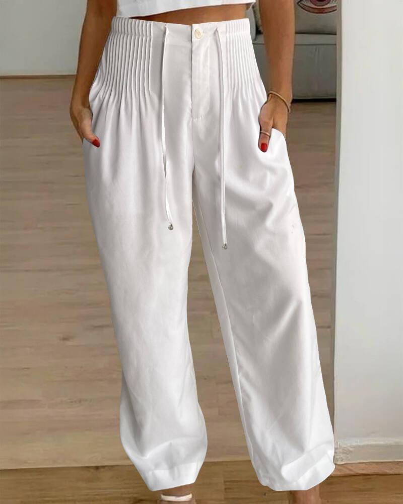 LM | Cozy White Plain Elastic Waistband Pants