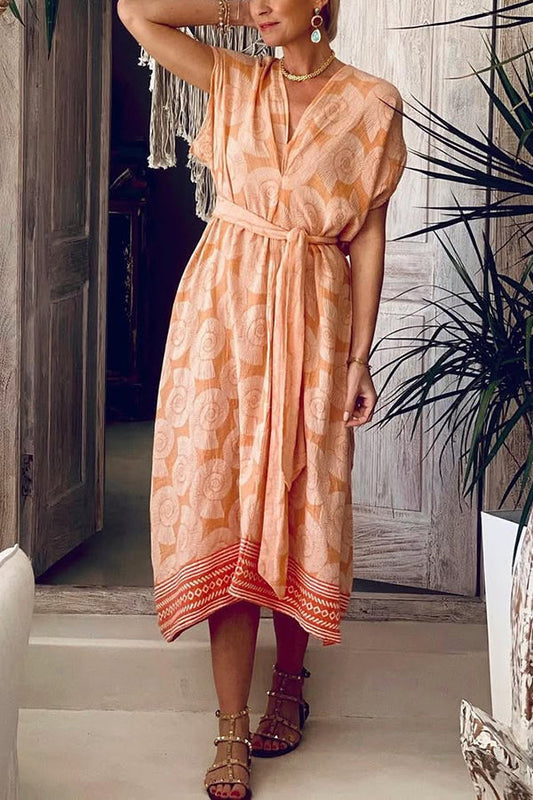 LM | Fashion Conch Print V-Neck Lace-Up Beach Midi Dress