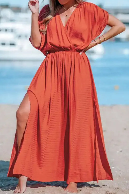 LM | Overcut neckline Split hem Gathered maxi dress