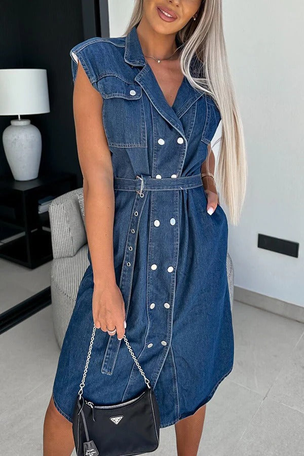 LM | Solid Color Casual Lapel Sleeveless Button Pocket Waist Tie Denim Midi Dress