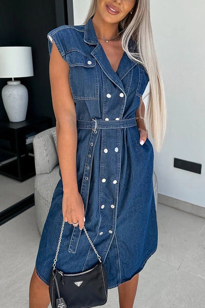 LM | Solid Color Casual Lapel Sleeveless Button Pocket Waist Tie Denim Midi Dress