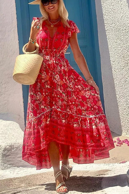 LM | Summer in Greece Boho Print Ruffle Sleeves Elastic Waist High-Low Midi Dress
