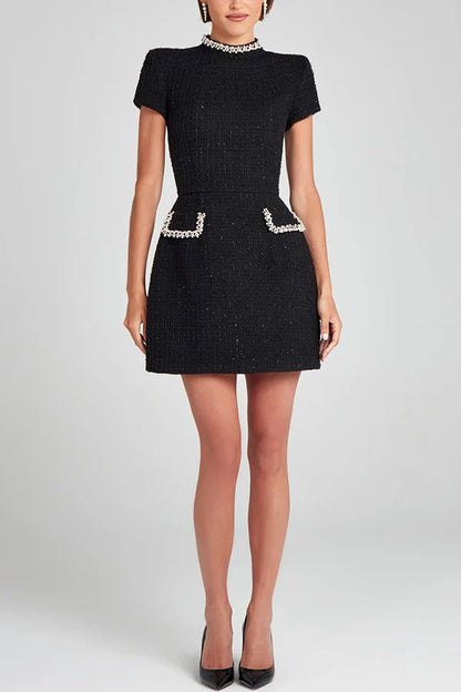 LM | Exquisite and playful tweed fabric beaded short sleeve pocketed mini dress