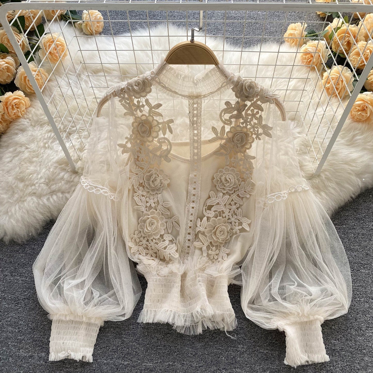 LM | perspective mesh gauze lantern sleeves slim short top female lace leggings undershirt