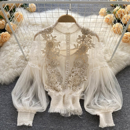 LM | perspective mesh gauze lantern sleeves slim short top female lace leggings undershirt