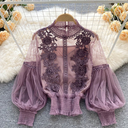 LM | perspective mesh gauze lantern sleeves slim short top female lace leggings undershirt
