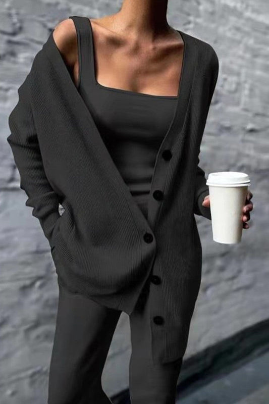 LM | Casual Solid Cardigan Vests Pants Square Collar Long Sleeve Three Piece Set (3 Colors)