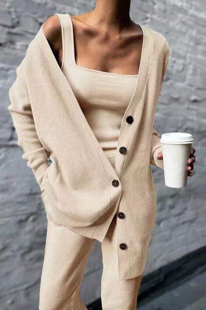 LM | Casual Solid Cardigan Vests Pants Square Collar Long Sleeve Three Piece Set (3 Colors)