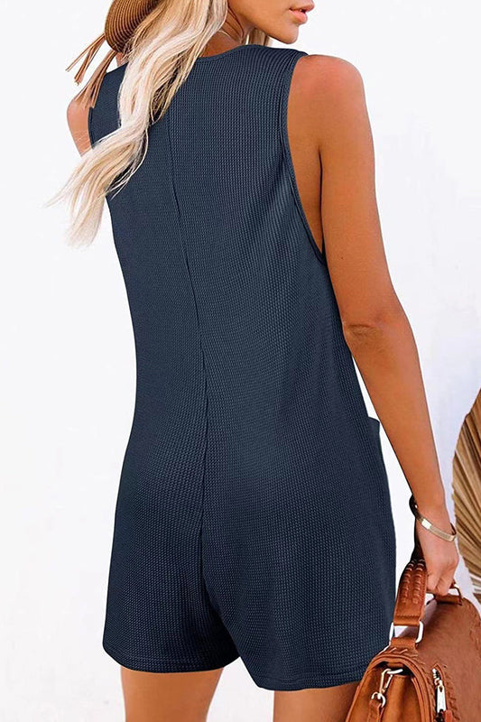 LM | Casual street solid pocket buttons V neck loose rompers (6 colors)