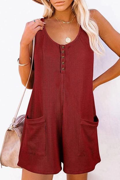 LM | Casual street solid pocket buttons V neck loose rompers (6 colors)