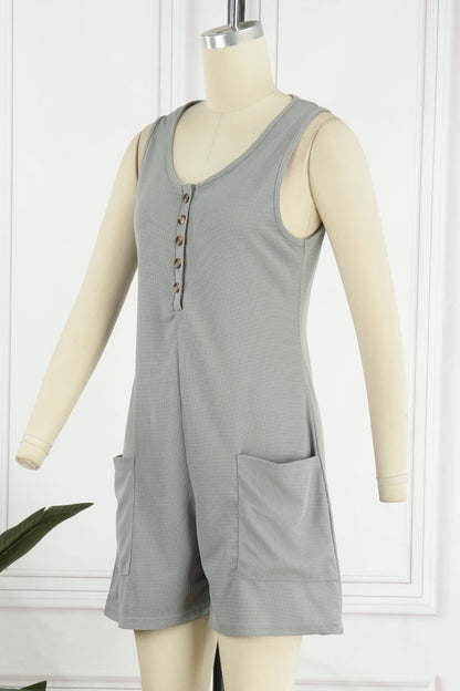 LM | Casual street solid pocket buttons V neck loose rompers (6 colors)