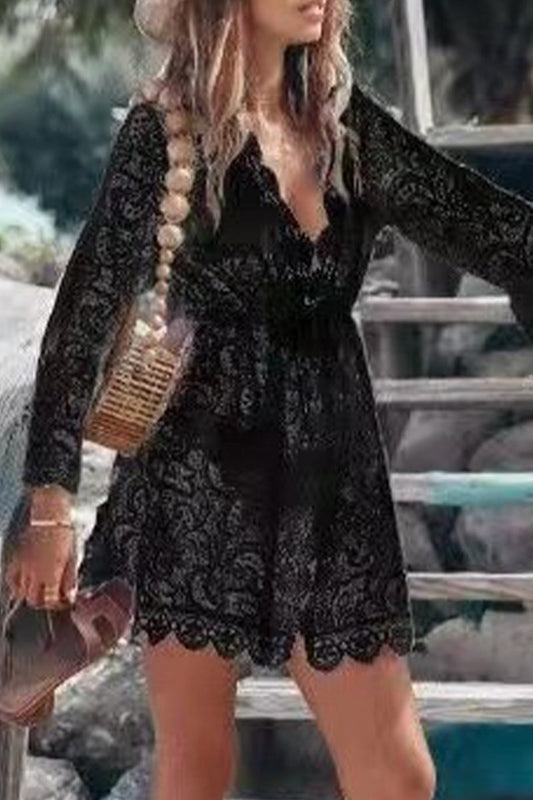 LM | Casual Vacation Solid Lace Embroidered Swimsuits Cover Up
