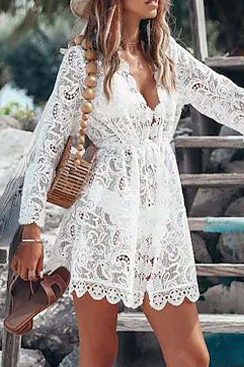 LM | Casual Vacation Solid Lace Embroidered Swimsuits Cover Up