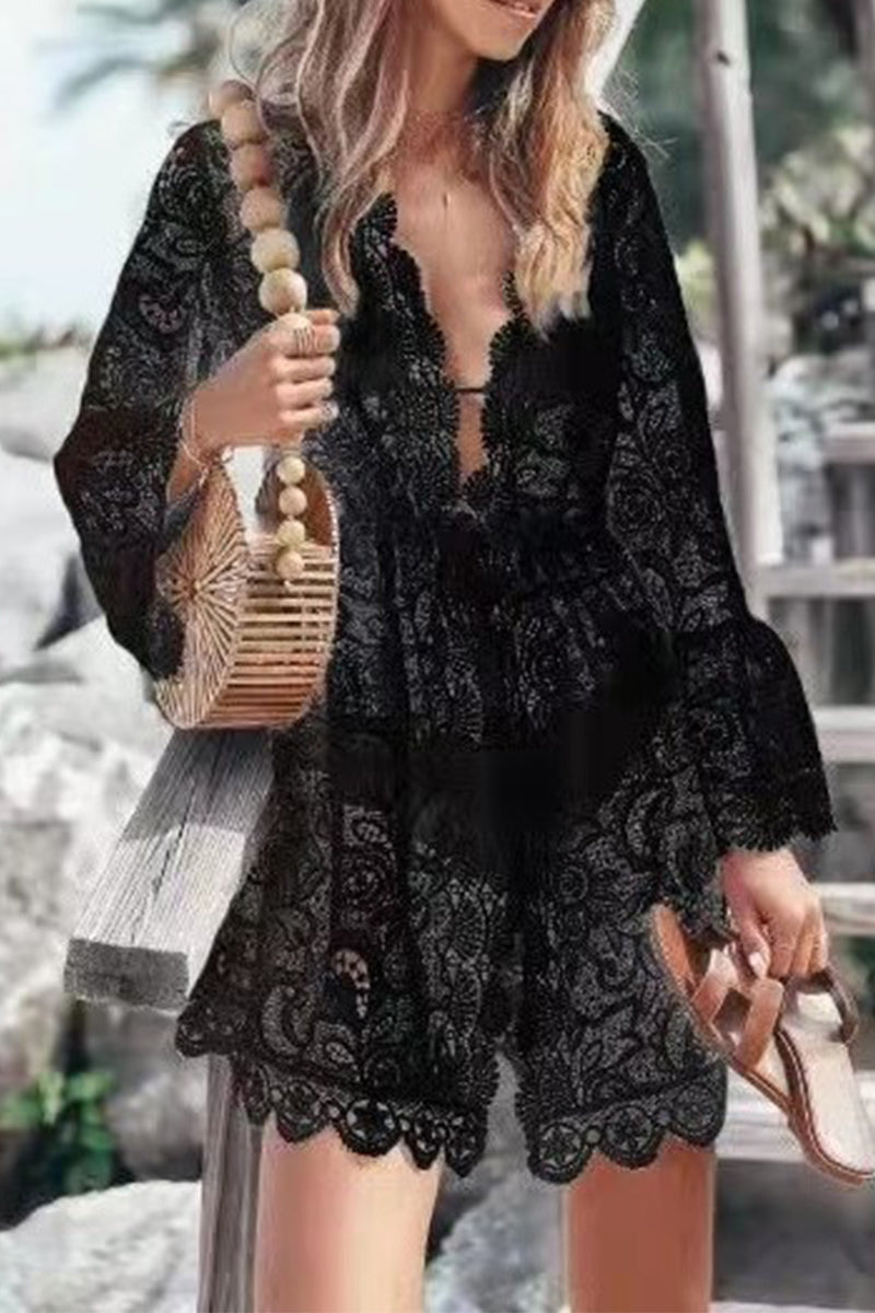 LM | Casual Vacation Solid Lace Embroidered Swimsuits Cover Up