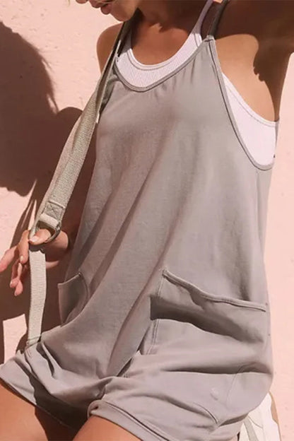 LM | Casual Simplicity Solid Bag V Neck Loose Rompers