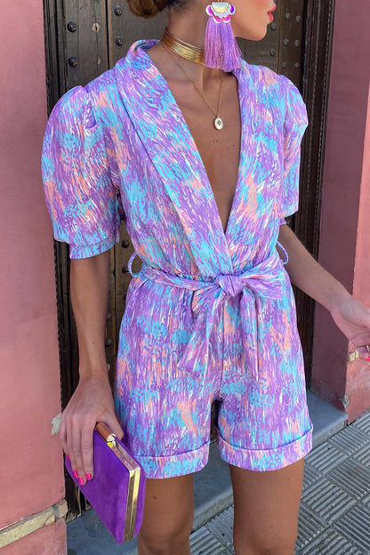 LM | Casual Print Bandage Turn-back Collar Loose Rompers