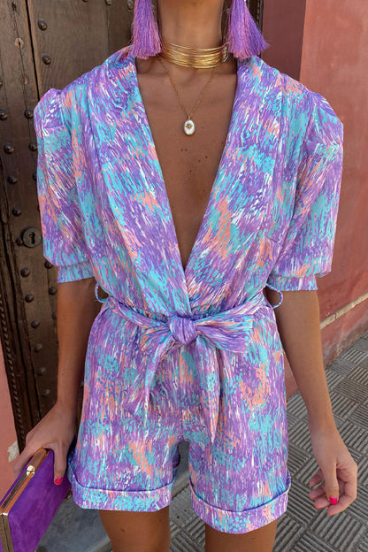 LM | Casual Print Bandage Turn-back Collar Loose Rompers