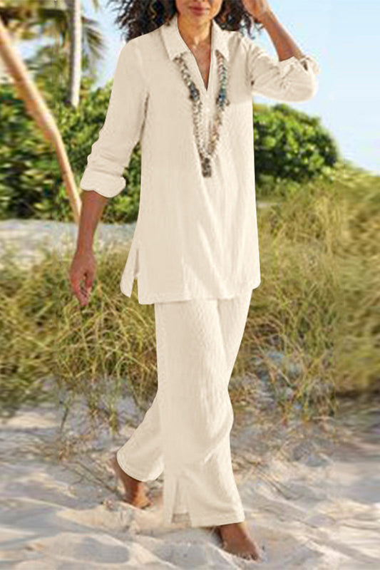 LM | Casual Solid Slit V-Neck Long Sleeve Two-Piece(4 Colors)