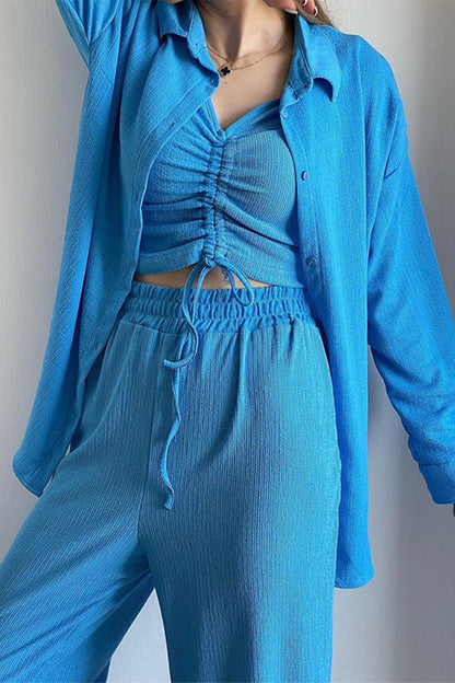 LM | Casual Solid Draw String Fold Turndown Collar Long Sleeve Three Piece (Shirt Vest Pants)