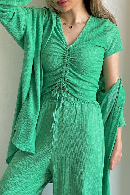LM | Casual Solid Draw String Fold Turndown Collar Long Sleeve Three Piece (Shirt Vest Pants)