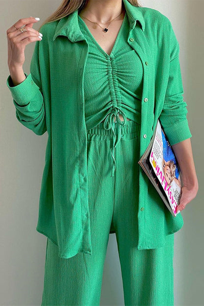 LM | Casual Solid Draw String Fold Turndown Collar Long Sleeve Three Piece (Shirt Vest Pants)