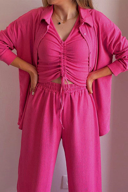 LM | Casual Solid Draw String Fold Turndown Collar Long Sleeve Three Piece (Shirt Vest Pants)