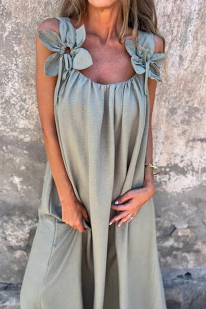 LM | Solid Floral Embellished Sleeveless Loose Maxi Dress