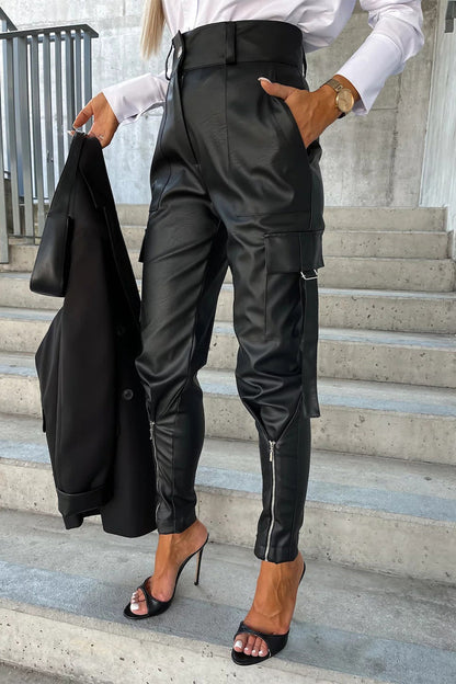 LM | Casual Solid Pocket Zipper Regular High Waist Pencil Pants(5 Colors)