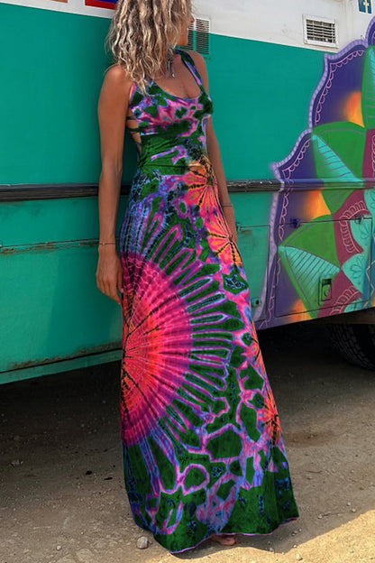 LM | La Bamba tie-dye print back lace-up stretch maxi dress