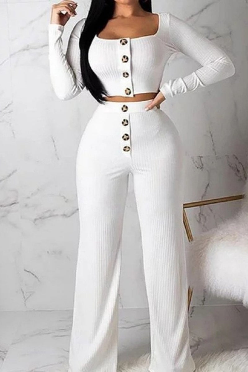LM | Casual Solid Buttons Vests Pants U Neck Sleeveless Two Pieces