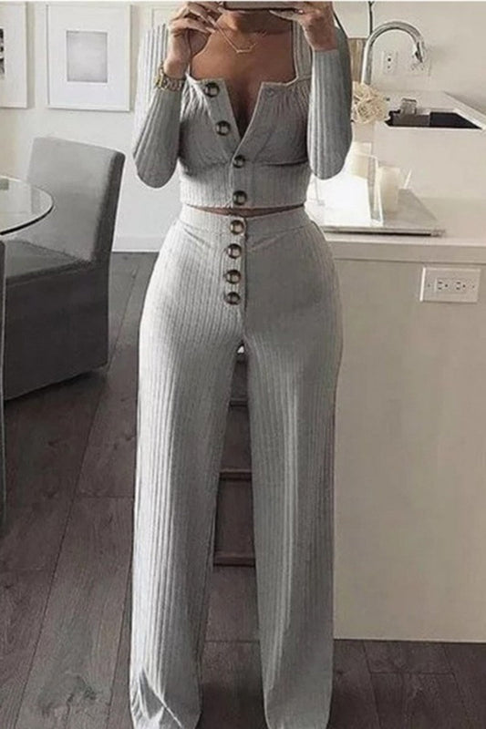 LM | Casual Solid Buttons Vests Pants U Neck Sleeveless Two Pieces
