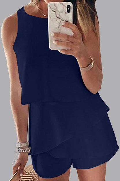 LM | Casual Solid Flounce O Neck Rompers