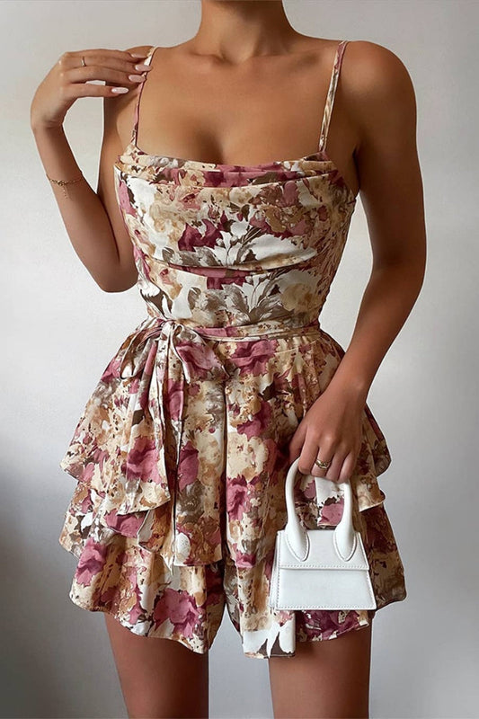 LM | Casual Print Patchwork Backless Spaghetti Strap Skinny Rompers