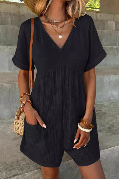 LM | Casual Simplicity Solid Bag V Neck Loose Rompers (5 Colors)