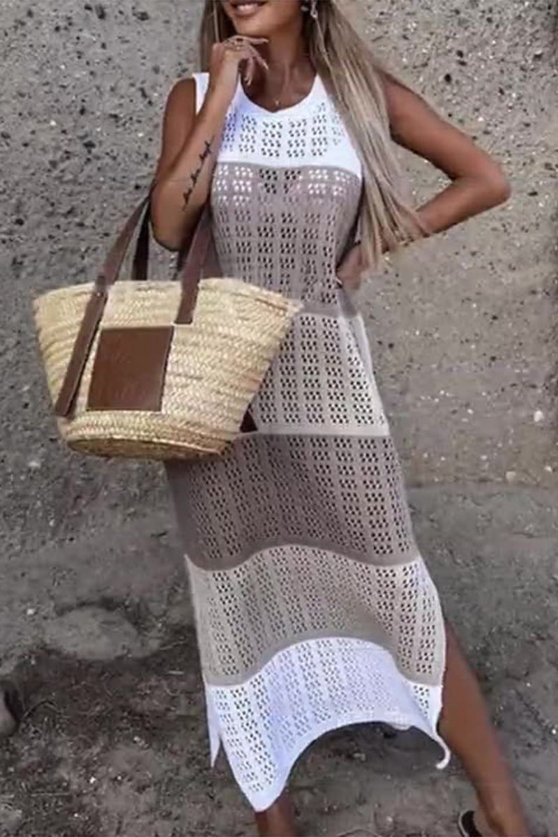 LM | Casual Vacation Solid Hollowed Slit Contrast Swimsuits Cover Up