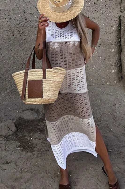 LM | Casual Vacation Solid Hollowed Slit Contrast Swimsuits Cover Up