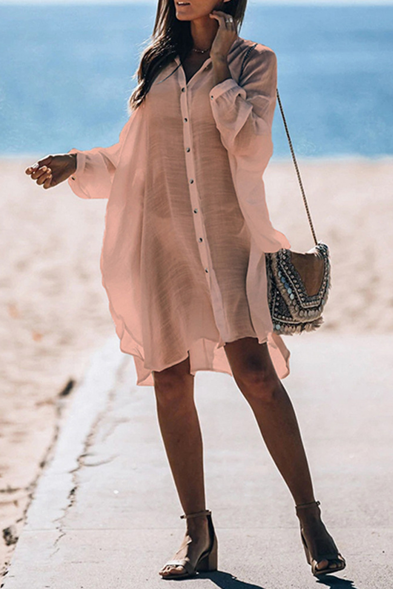 LM | Casual Vacation Solid Color Buckle Sea-Through Swimwears Cover Up(5 Colors)