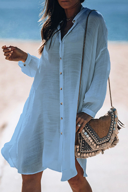 LM | Casual Vacation Solid Color Buckle Sea-Through Swimwears Cover Up(5 Colors)