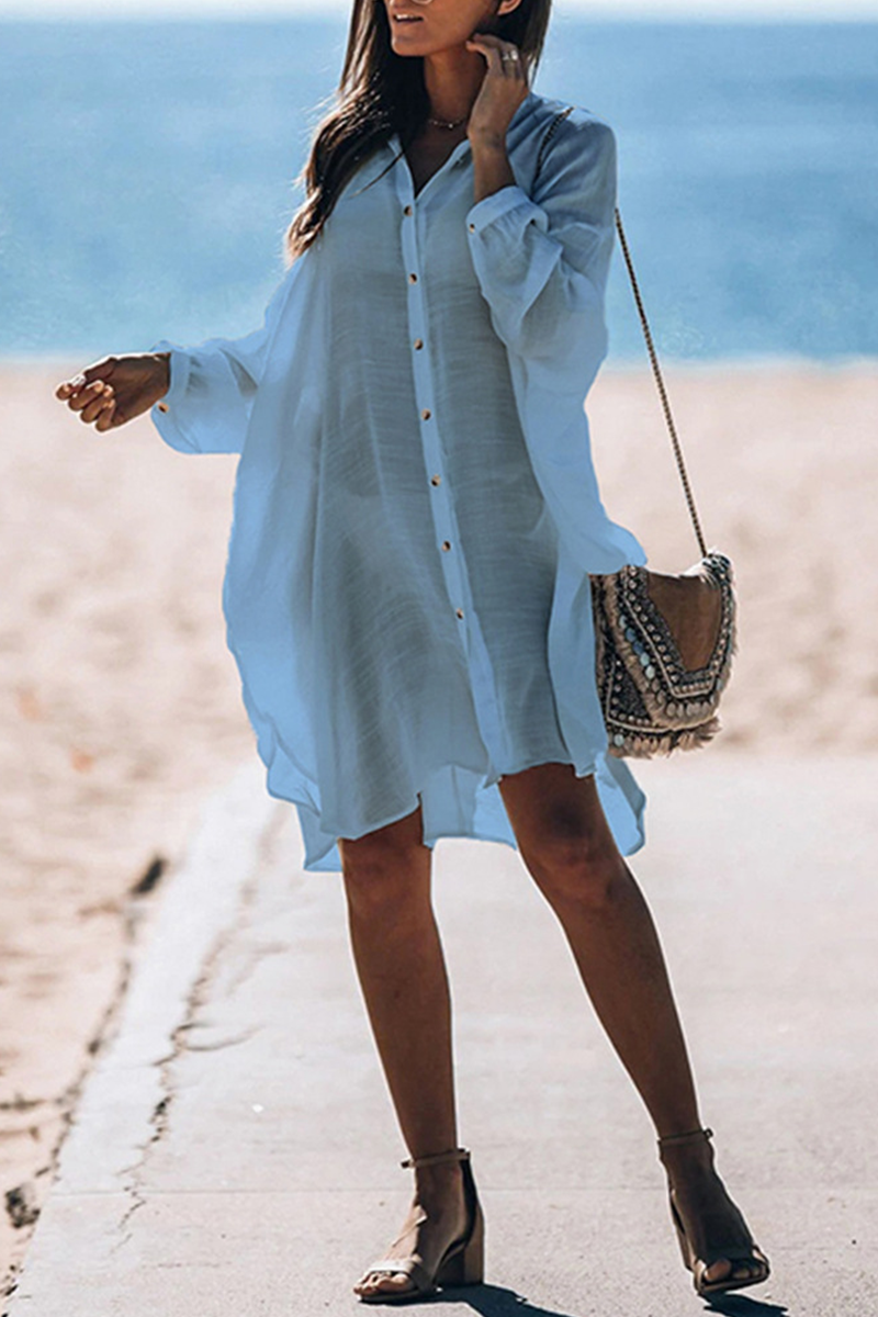 LM | Casual Vacation Solid Color Buckle Sea-Through Swimwears Cover Up(5 Colors)