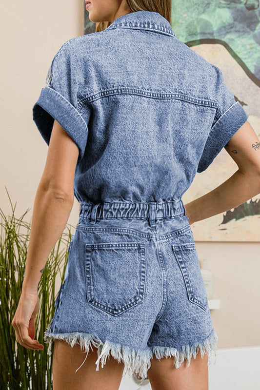 LM | Casual Ripped Patchwork Turndown Collar Short Sleeve High Waist Regular Denim Romper