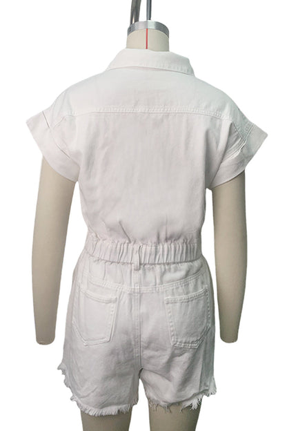 LM | Casual Ripped Patchwork Turndown Collar Short Sleeve High Waist Regular Denim Romper