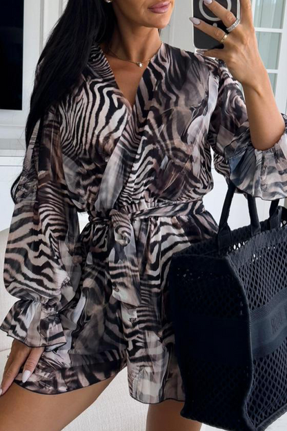 LM | Casual Holiday Zebra Print Floral Lace Up Contrast V Neck Loose Rompers(3 Colors)