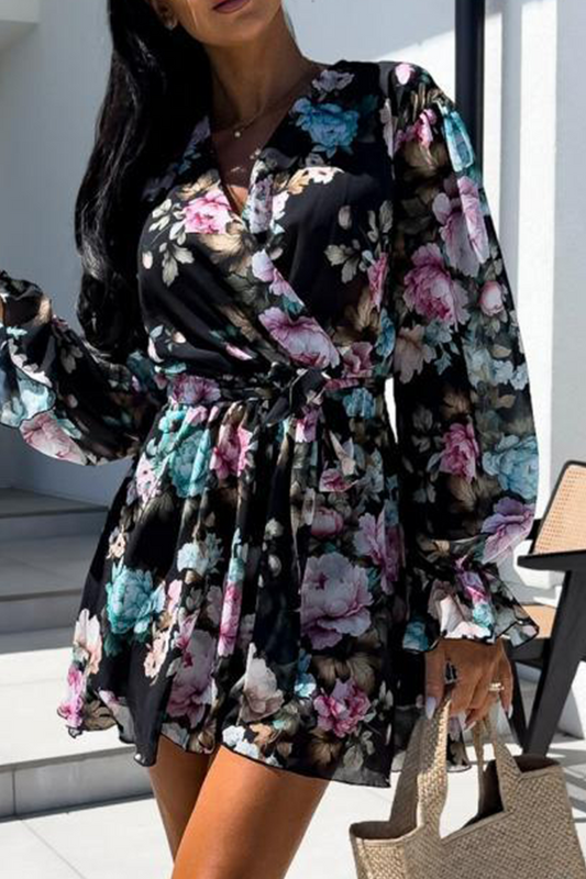 LM | Casual Holiday Zebra Print Floral Lace Up Contrast V Neck Loose Rompers(3 Colors)