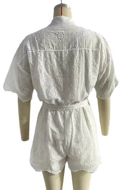 LM | Casual embroidered hollow out turndown collar loose rompers