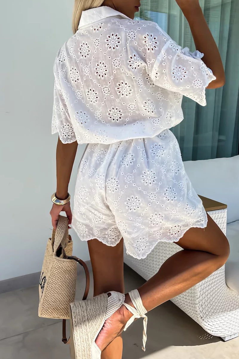 LM | Casual embroidered hollow out turndown collar loose rompers