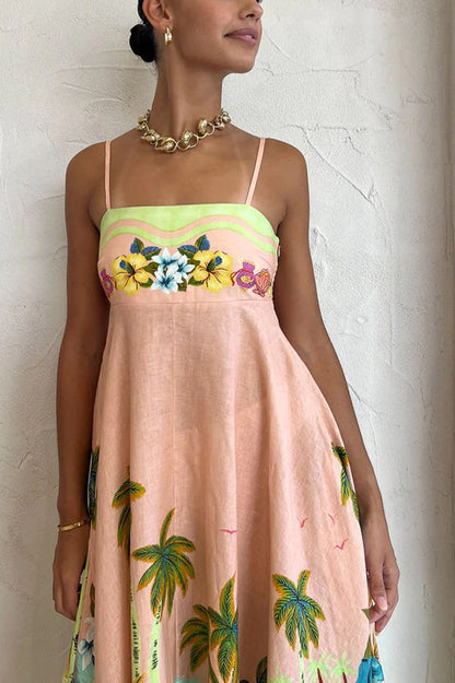 LM | Coconut Scenery Linen Blend Tropical Print Smocked Back Midi Dress